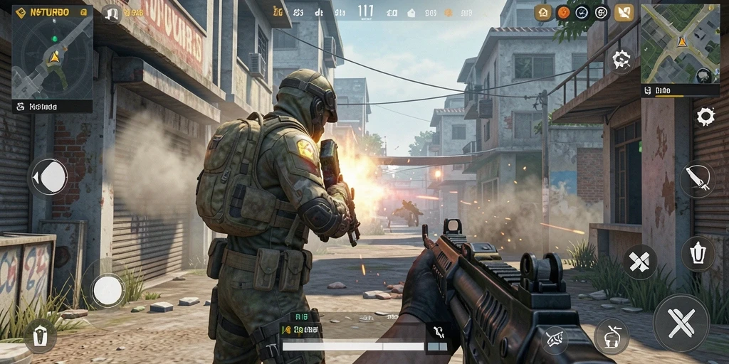 Screenshot N9TURBO menampilkan aksi menembak seru dalam mode TPS.