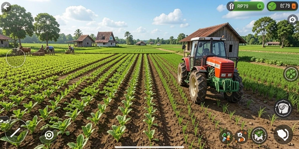 Screenshot gameplay menunjukkan ladang pertanian yang subur dan penuh warna.